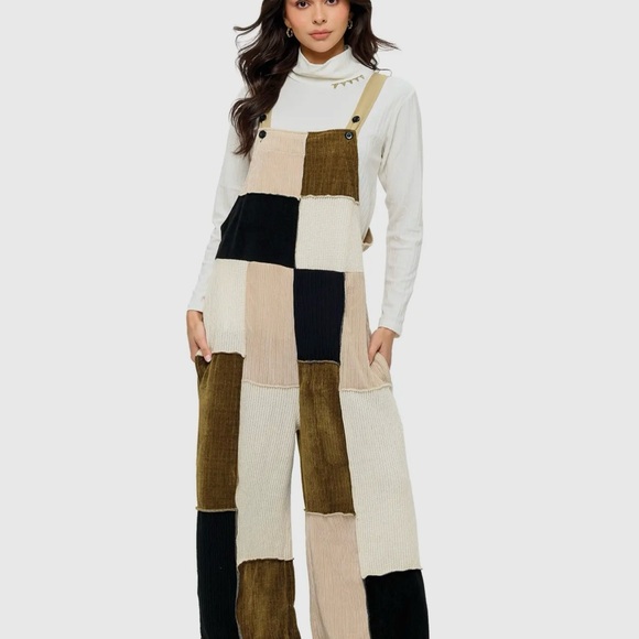 Patchwork Corduroy Jumpsuit - Black, Cream, Tan BOHO JUMPSUIT - Picture 1 of 3